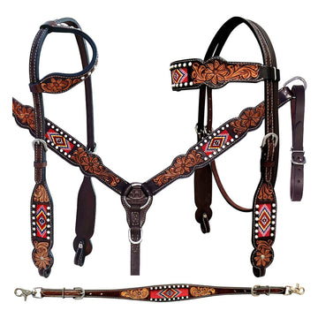 Bar H Equine Genuine Western American Leather Horse Premium Headstall & Breast Collar Set